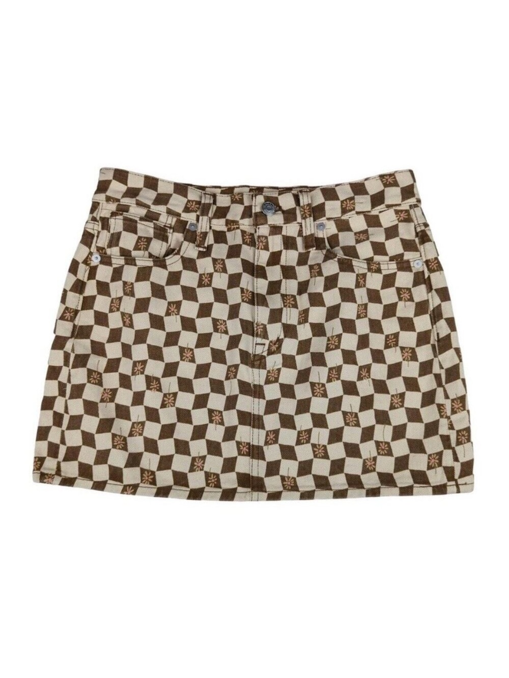 Madewell Brown & White Checkered Mini Skirt with daisies